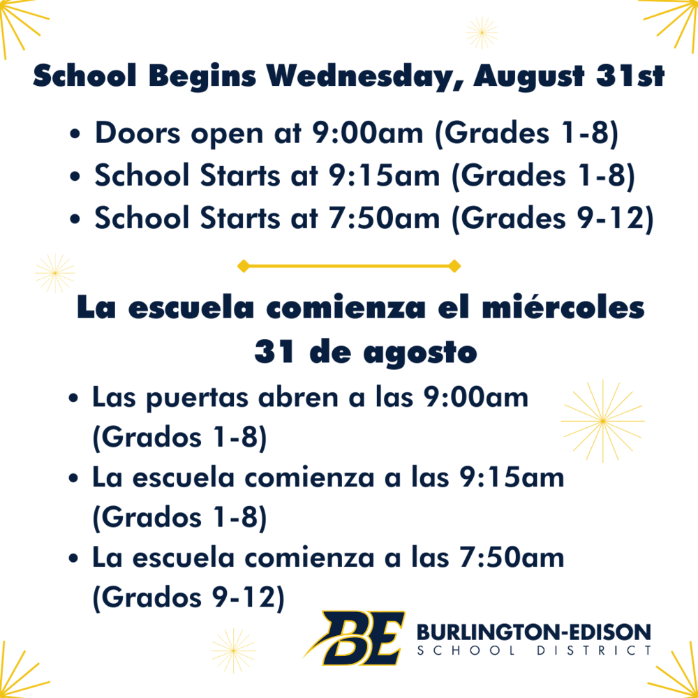 School Begins on Wednesday, August 31st